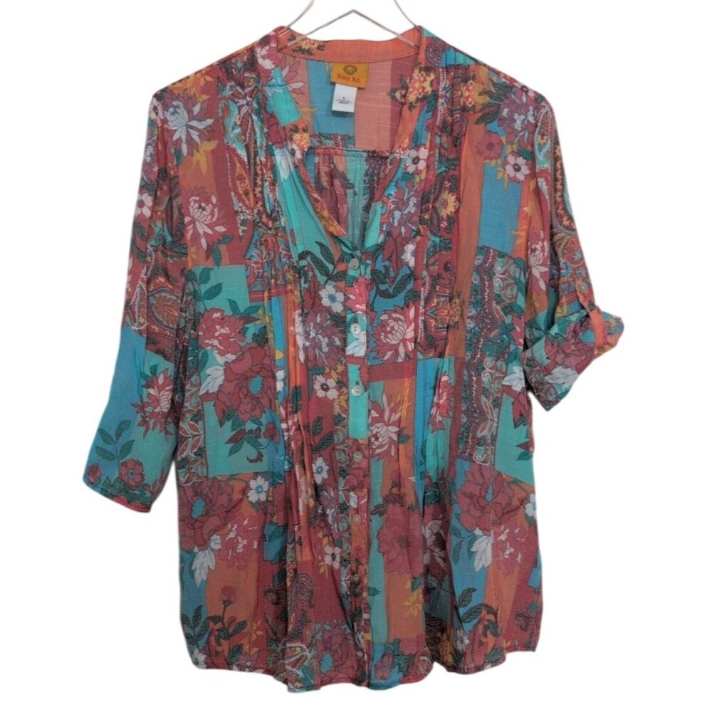 Ruby Rd Floral Pintuck Shirt Womens Size Large Pink Patchwork 3/4 Tab Sleeves